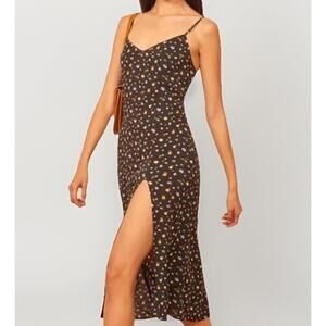 REFORMATION Slip Dress Sz 2 Or Small Black Floral Crimini Posie High Slit V-Neck